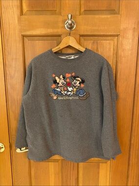Vintage Disney Charcoal Gray Mickey & Minnie Heart Crewneck Sweater